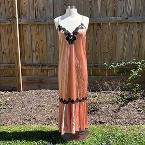 Vintage Nylon Silky Peach Lace-Trim Slip Dress Lingerie M